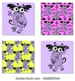 Set of vector cool monsters and seamless patterns. Pretty angry cartoon monsters. Print on T-shirts, bags and other fashion products. Design children's clothing and accessories.