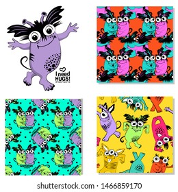 Set of vector cool monsters and seamless patterns. Pretty angry cartoon monsters. Print on T-shirts, bags and other fashion products. Design children's clothing and accessories.