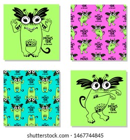 Set of vector cool monsters and seamless patterns. Pretty angry cartoon monsters. Print on T-shirts, bags and other fashion products. Design children's clothing and accessories.