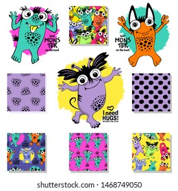 Set of vector cool monsters and seamless patterns. Pretty angry cartoon monsters. Print on T-shirts, bags and other fashion products. Design children's clothing and accessories.