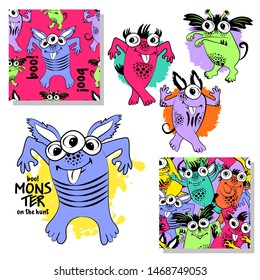 Set of vector cool monsters and seamless patterns. Pretty angry cartoon monsters. Print on T-shirts, bags and other fashion products. Design children's clothing and accessories.