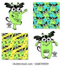 Set of vector cool monsters and seamless patterns. Pretty angry cartoon monsters. Print on T-shirts, bags and other fashion products. Design children's clothing and accessories.
