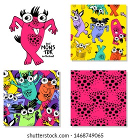 Set of vector cool monsters and seamless patterns. Pretty angry cartoon monsters. Print on T-shirts, bags and other fashion products. Design children's clothing and accessories.