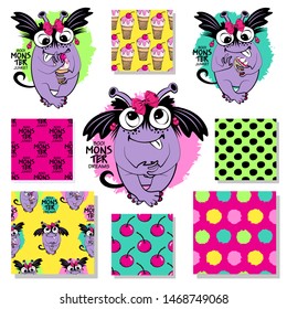 Set of vector cool monsters and seamless patterns. Pretty angry cartoon monsters. Print on T-shirts, bags and other fashion products. Design children's clothing and accessories.