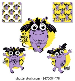 Set of vector cool monsters and seamless patterns. Pretty angry cartoon monsters. Print on T-shirts, bags and other fashion products. Design children's clothing and accessories.
