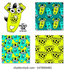 Set of vector cool monsters and seamless patterns. Pretty angry cartoon monsters. Print on T-shirts, bags and other fashion products. Design children's clothing and accessories.
