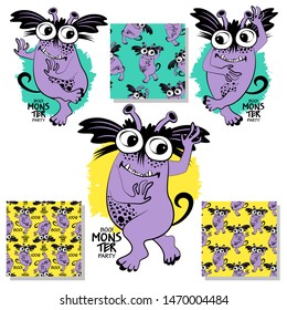 Set of vector cool monsters and seamless patterns. Pretty angry cartoon monsters. Print on T-shirts, bags and other fashion products. Design children's clothing and accessories.