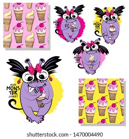 Set of vector cool monsters and seamless patterns. Pretty angry cartoon monsters. Print on T-shirts, bags and other fashion products. Design children's clothing and accessories.