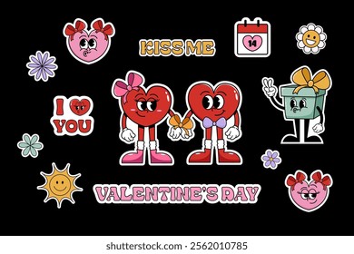 Set of vector cool stickers for Valentine's Day. Set of cool characters of hearts and phrases for Valentine's Day for design of greeting cards and posters. Trendy retro cartoon style.