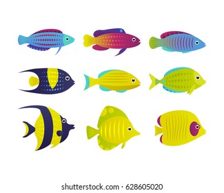 Set Of Vector Coral Reef Fish. Cartoon Decorative Fish Illustration.
