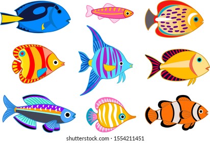 Set of vector coral reef fishes. Cartoon tropical sea creatures isolated