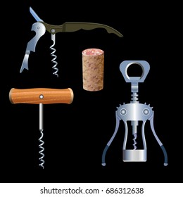 Set of vector corkscrews with cork