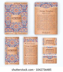 Set of vector corporate identity template with floral mandala pattern and ornaments. Luxury gold oriental layout for brochure, flyer, booklet, invitation, business cards