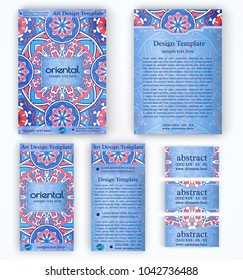 Set of vector corporate identity template with floral mandala pattern and ornaments. Luxury blue oriental layout for brochure, flyer, booklet, invitation, business cards