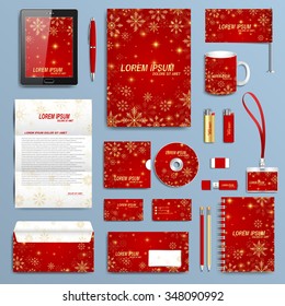 Set of vector corporate identity template. Christmas and New Years red background  with golden snowflakes.