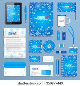 Set of vector corporate identity template. Modern business stationery design. New Years blue design with golden snowflakes.