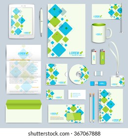 Set of vector corporate identity template. Modern business stationery mock-up. Branding design with blue and green square shapes.