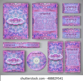 Set of vector corporate identity template. Oriental layout for brochure, flyer, booklet, invitation and banner. Vintage business card collection with mandala pattern. Indian or Arabic motifs.
