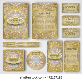 Set of vector corporate identity template. Oriental layout for brochure, flyer, booklet, invitation and banner. Vintage business card collection with mandala pattern. Indian or Arabic motifs.