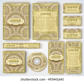 Set of vector corporate identity template. Oriental layout for brochure, flyer, booklet, invitation and banner. Vintage business card collection with mandala pattern. Indian or Arabic motifs.