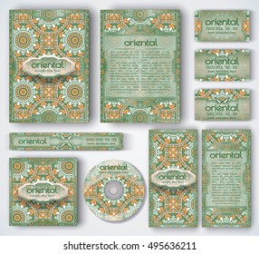 Set of vector corporate identity template. Oriental layout for brochure, flyer, booklet, invitation and banner. Vintage business card collection with mandala pattern. Indian or Arabic motifs.