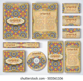 Set of vector corporate identity template. Oriental layout for brochure, flyer, booklet, invitation and banner. Vintage business card collection with mandala pattern. Indian or Arabic motifs.