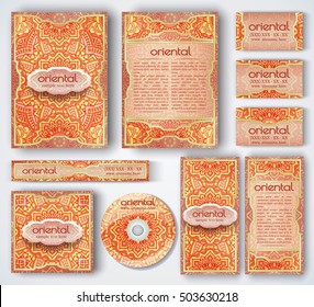 Set of vector corporate identity template. Oriental layout for brochure, flyer, booklet, invitation and banner. Vintage business card collection with mandala pattern. Indian or Arabic motifs.
