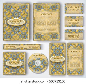 Set of vector corporate identity template. Oriental layout for brochure, flyer, booklet, invitation and banner. Vintage business card collection with mandala pattern. Indian or Arabic motifs.