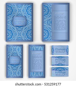Set of vector corporate identity template with floral mandala pattern and ornaments. Luxury blue oriental layout for brochure, flyer, booklet, invitation, business cards