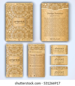 Set of vector corporate identity template with floral mandala pattern and ornaments. Luxury gold oriental layout for brochure, flyer, booklet, invitation, business cards
