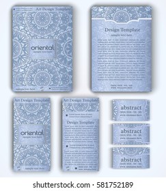 Set of vector corporate identity template with floral mandala pattern and ornaments. Luxury silver oriental layout for brochure, flyer, booklet, invitation, business cards