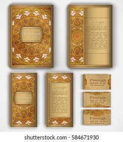 Set of vector corporate identity template with floral mandala pattern and ornaments. Luxury gold oriental layout for brochure, flyer, booklet, invitation, business cards