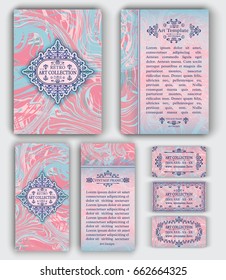 Set of vector corporate identity template with vintage retro calligraphic frames and ornate elements on marble imitation background. Modern layout for brochure, flyer, booklet, business cards