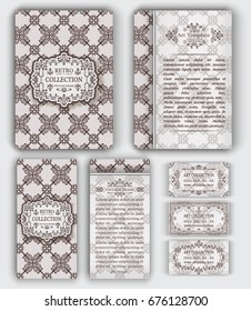 Set of vector corporate identity template with vintage retro calligraphic frames and ornate elements on royal rococo background. Modern layout for brochure, flyer, booklet, business cards