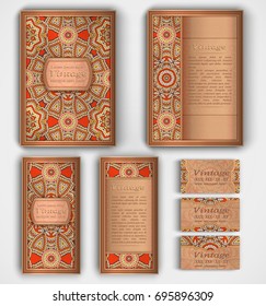 Set of vector corporate identity template with floral mandala pattern and ornaments. Luxury oriental layout for brochure, flyer, booklet, invitation, business cards
