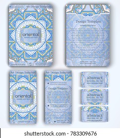 Set of vector corporate identity template with floral mandala pattern and ornaments. Luxury blue oriental layout for brochure, flyer, booklet, invitation, business cards