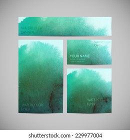 set of vector corporate identity with watercolor splash. background for web or printed media design. set of brand stationery template. banner, business card, flyer, invitation, greeting card, postcard