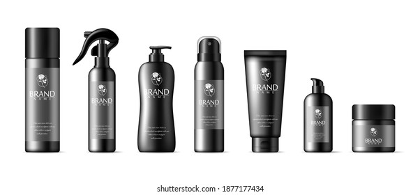 Set of vector cosmetic bottle templates, plastic containers. Foam tube, hairspray, deodorant, plastic bottles. Vectral illustration