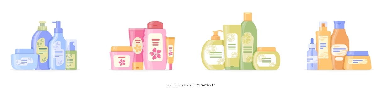 Conjunto de kits cosméticos vectoriales: champú, acondicionador, crema, máscara, desodorante, suero, bálsamo, jabón, antitranspirante. Varios tipos de envases cosméticos. Colección de ilustraciones vectoriales planas.