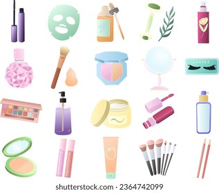 set of vector cosmetic products for body and face care, makeup illustration