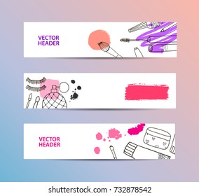 Set of vector cosmetics banners, horizontal headers. Hand drawn creams, perfume, brushes, strokes, smears