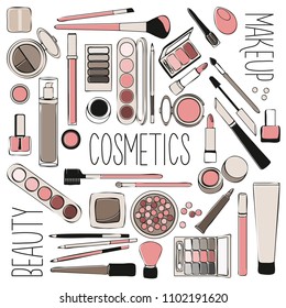 Set of vector cosmetics for face makeup. Eye shadow, powder, brush, lipstick, pencil, mascara, sponge. Vector illustration, hand drawing.