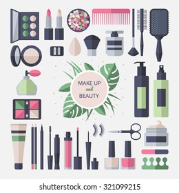 Set of vector cosmetics and make up icons in modern flat style.Vector illustration.