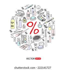 Set of vector cosmetics objects. Concept for cosmetic store, sale of makeup instruments. Sale label in the round cloud