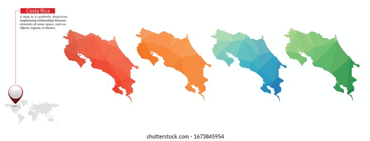 Set of vector Costa Rica maps. Bright gradient map of country in low poly style. Multicolored country map in geometric style for your infographics. Vector illustration eps 10.