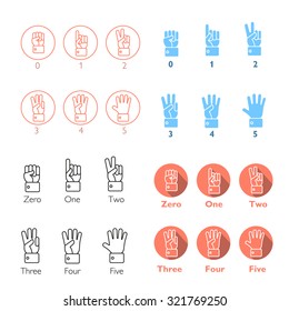 Set of vector counting hands. Finger numbers zero, one, two, three, four, five. Figure icons.