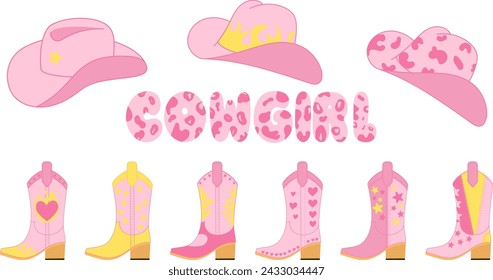 Set of vector country elements in pink color, cowboy hats, Cossack boots, stylized inscription cowgirl. Simple flat style barbie core