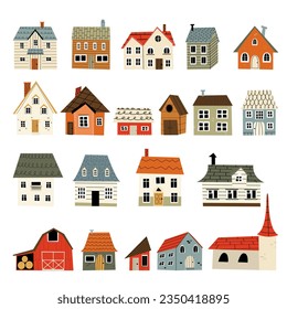 Set of vector country houses and buildings isolated on white background.Abstract flat two-story and one-story houses, barns, church in natural colors.