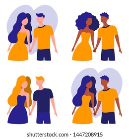 Set of vector couple illustration. Stylish euro, afro and indian couples in love.
