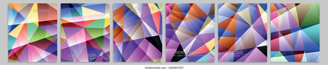 Set von Vektorgrafik-Notebook-Design. Abstrakter Regenbogen minimale Dreiecke Halbtonvorlage Design für Notebook-Papier, Copybook-Broschüren, Buch, Magazin. Planer- und Tagebuchabdeckung für den Druck.